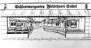Bleistiftzeichnung einer Geschäftsfront für Speisekarte